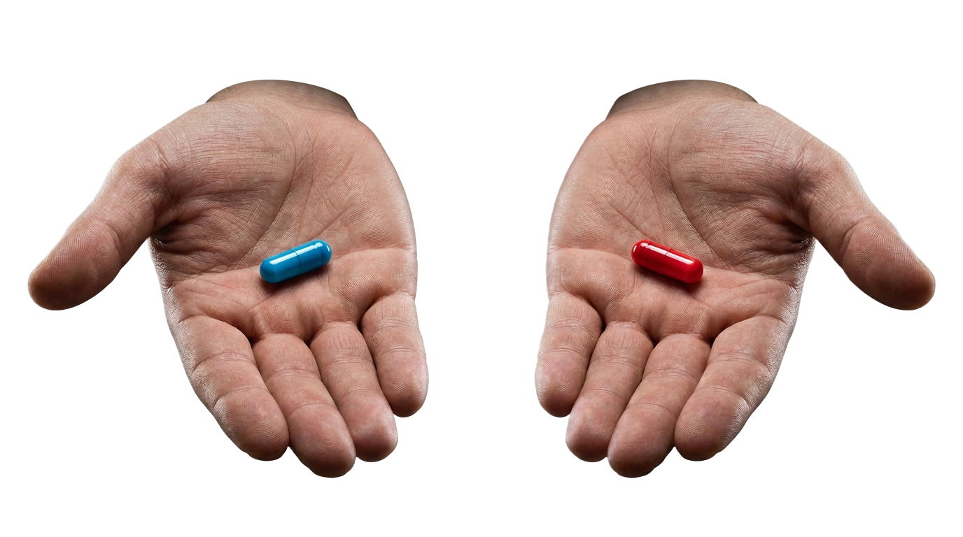 Dos manos sostienen una cápsula azul y una roja, símbolo de una elección reveladora