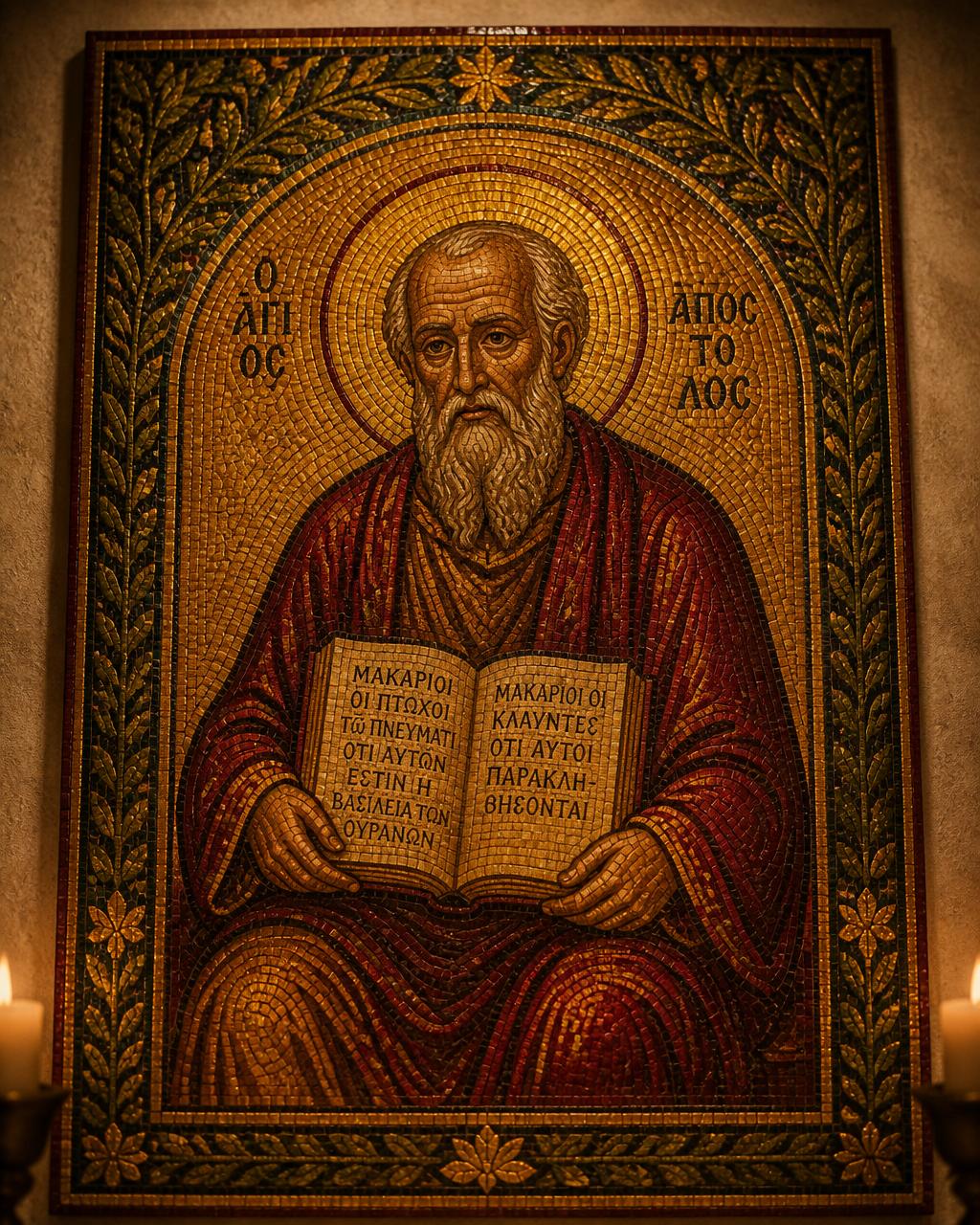Mosaico bizantino de sabio anciano sosteniendo libro sagrado, símbolo de la sabiduría transmitida generación tras generación